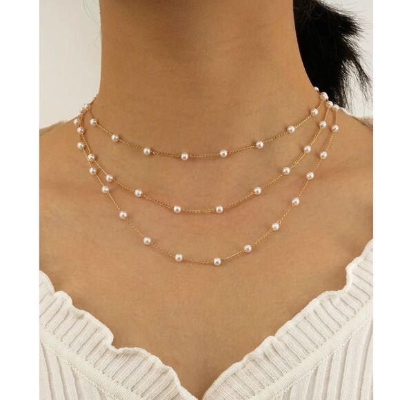 1pc Layered Pearl Station Necklace Gold Chain 3 Strand Classic Timeless Dainty - Picture 1 of 3